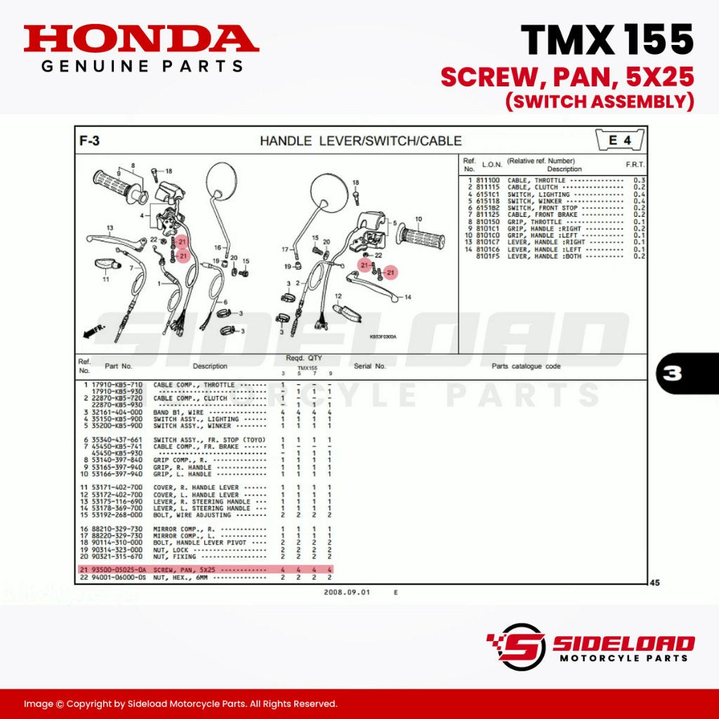 Screw, Pan, 5x25 - (Switch Assembly) - TMX 155 - Honda Genuine (93500-05025-0A)