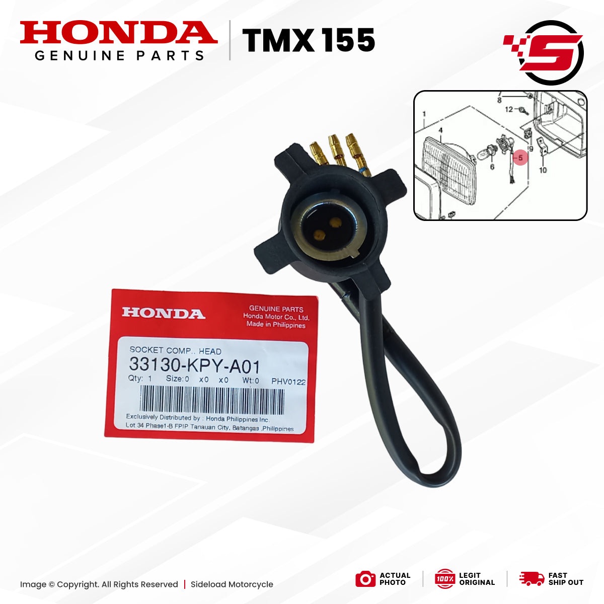 Socket Component, Headlight - TMX 155 - Honda Genuine (33130-KPY-A01)