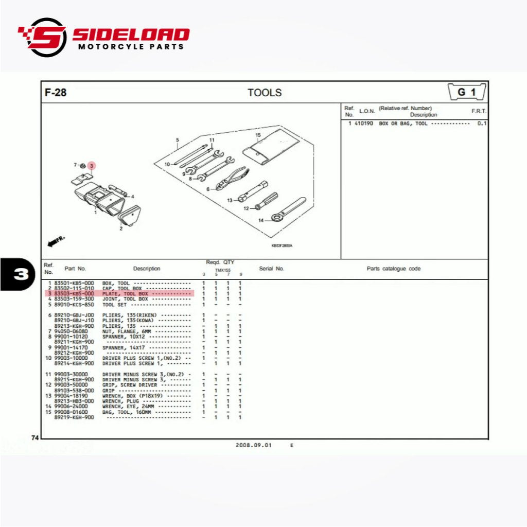 Plate, Tool Box - TMX 155 - Honda Genuine (83503-KB5-000)