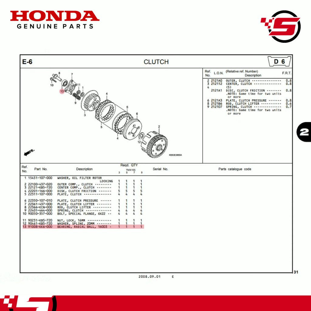 Bearing, Radial Ball, 16003 - TMX 155 125 Alpha / XR200 - Honda Genuine (91011-KK6-013)