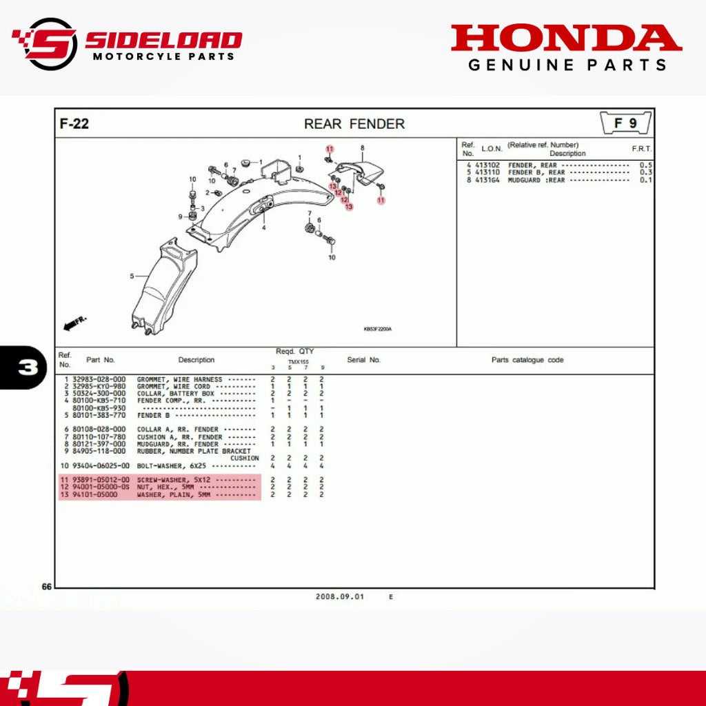 Bolt & Nut (Rear Mudguard) - 1 Set (6pcs) - TMX 155 - Honda Genuine