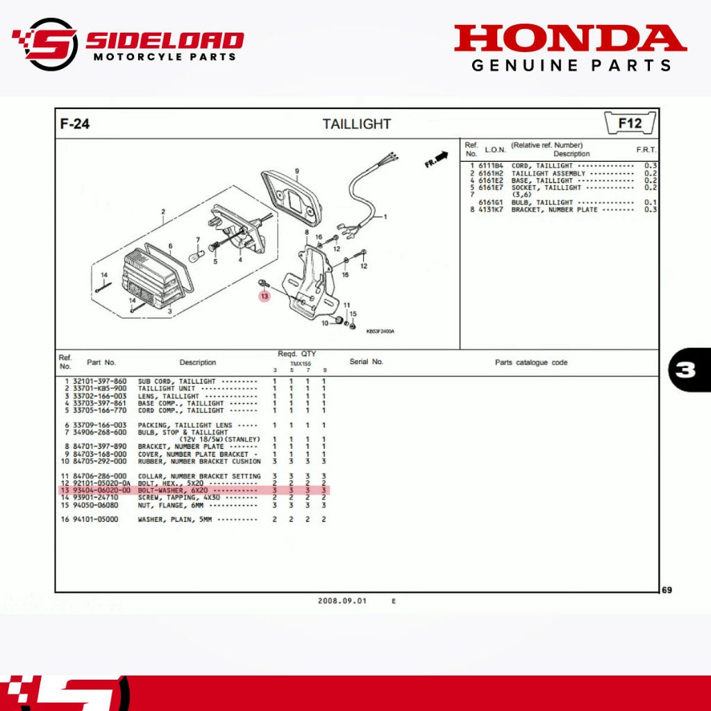 Bolt-Washer, 6x20 (Bracket, Number Plate) - TMX 155 - Honda Genuine (93404-06020-00)