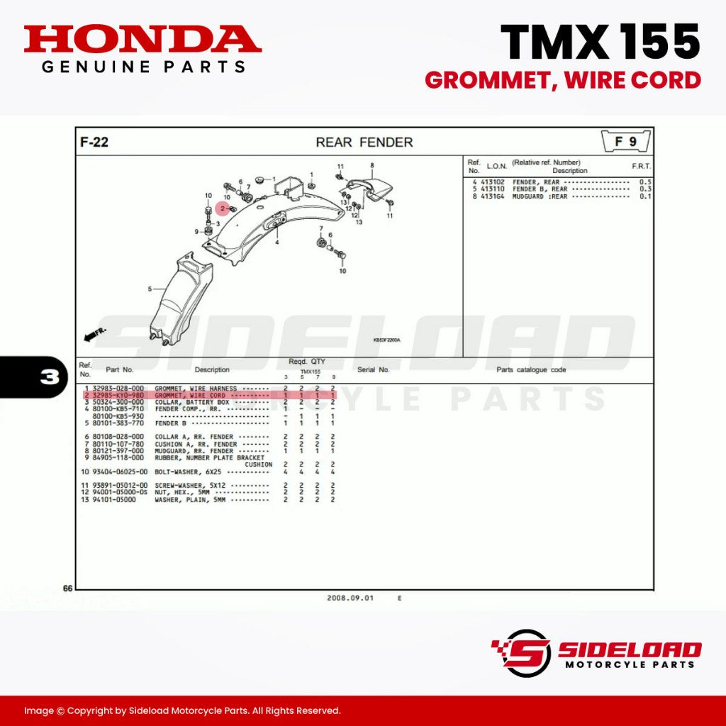 Grommet, Wire Cord - TMX 155 - Honda Genuine (32985-KY0-980)