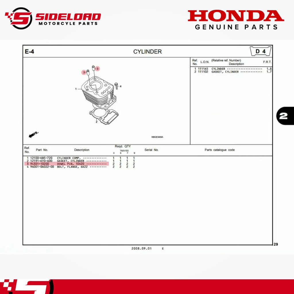 Dowel Pin, 10x20 (Cylinder Block / Head) - TMX 155 - Honda Genuine (94301-10200)