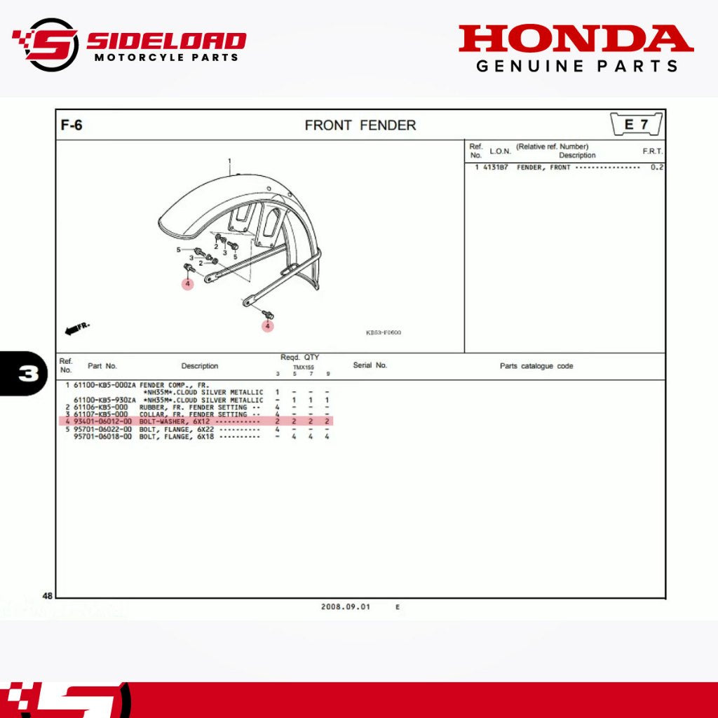 Bolt-Washer, 6X12 (Bracket, Fr. Fender) - TMX 155 - Honda Genuine (93401-06012-00)