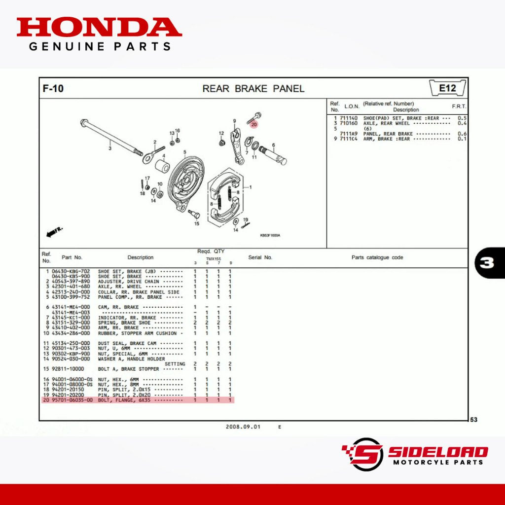 Bolt, Flange, 6x35 (Brake Arm) - TMX 155 / 125 Alpha - Honda Genuine (95701-06035-00)