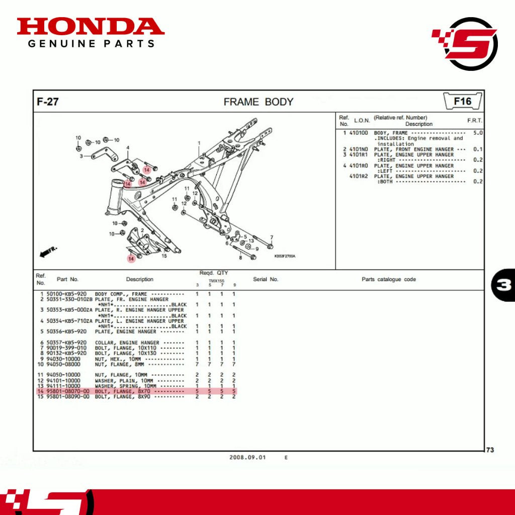 Bolt, Flange, 8x70 (Plate, Engine Hanger) - TMX 155 / Universal - Honda Genuine (95801-08070-00)