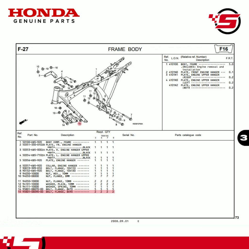 Bolt, Flange, 8x90 (Plate, Fr. Engine Hanger) - TMX 155 / Universal - Honda Genuine (95801-08090-00)